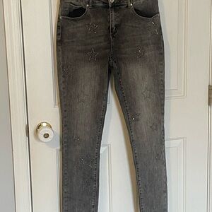 Orly Vintage Star Patterned Sparkly Gray Skinny Jeans